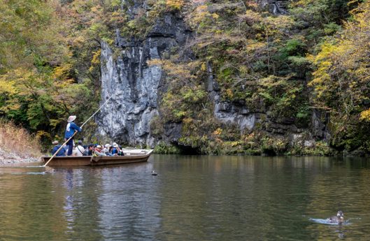 Geibikei Gorge River Cruises in Autumn foliage season. Beautiful scenery landscapes view in sunny weather day. Ichinoseki, Iwate Prefecture, Japan